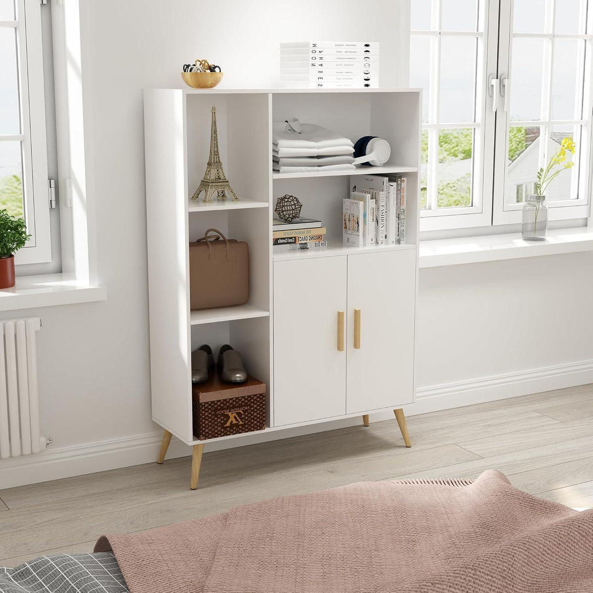 Weißes Sideboard mit 2 Türen & 5 Fächern – 85x30x120 cm