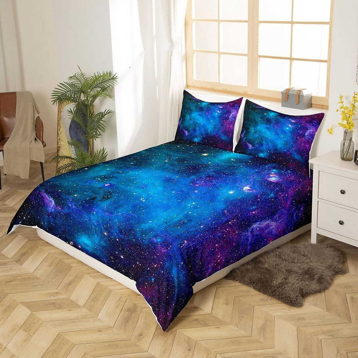 Galaxie Bettwäsche Set Sternenhimmel Blau Lila 220x240 cm