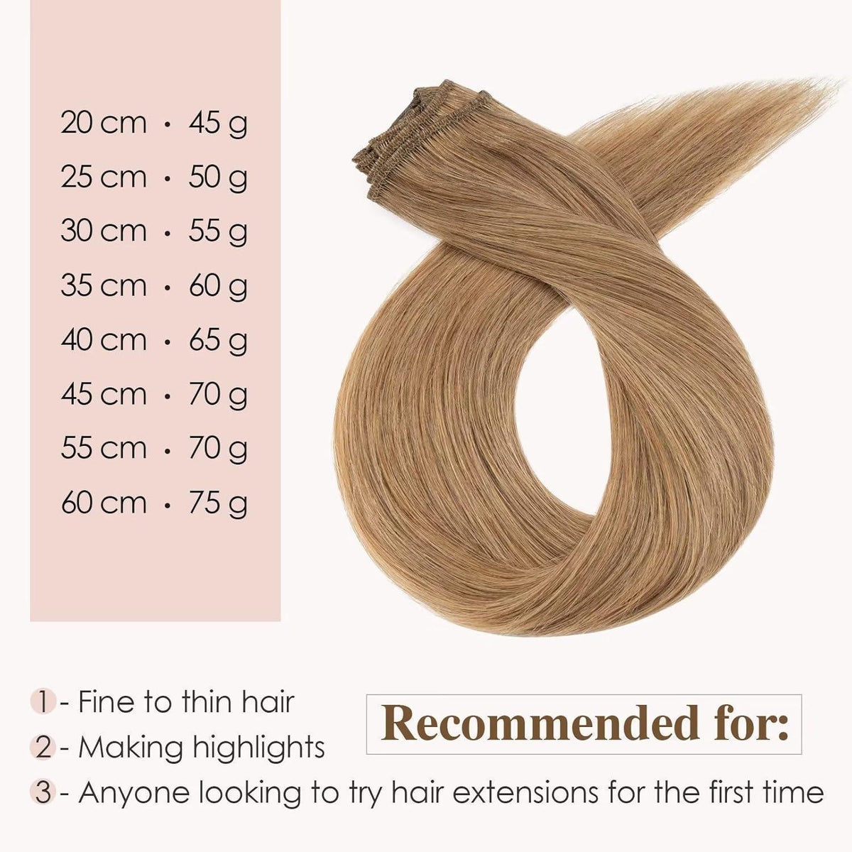 Clip-In Haarverlängerung Dunkelblond, Echthaar 45cm