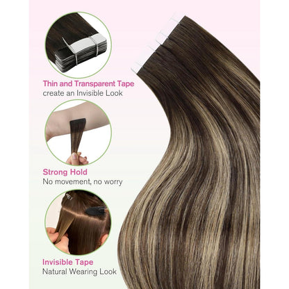 Echthaar Tape Extensions Ombre Braun Blond 50cm