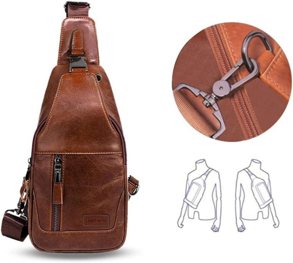 Leathario Herren Brusttasche echtes Leder Umhängetasche Braun