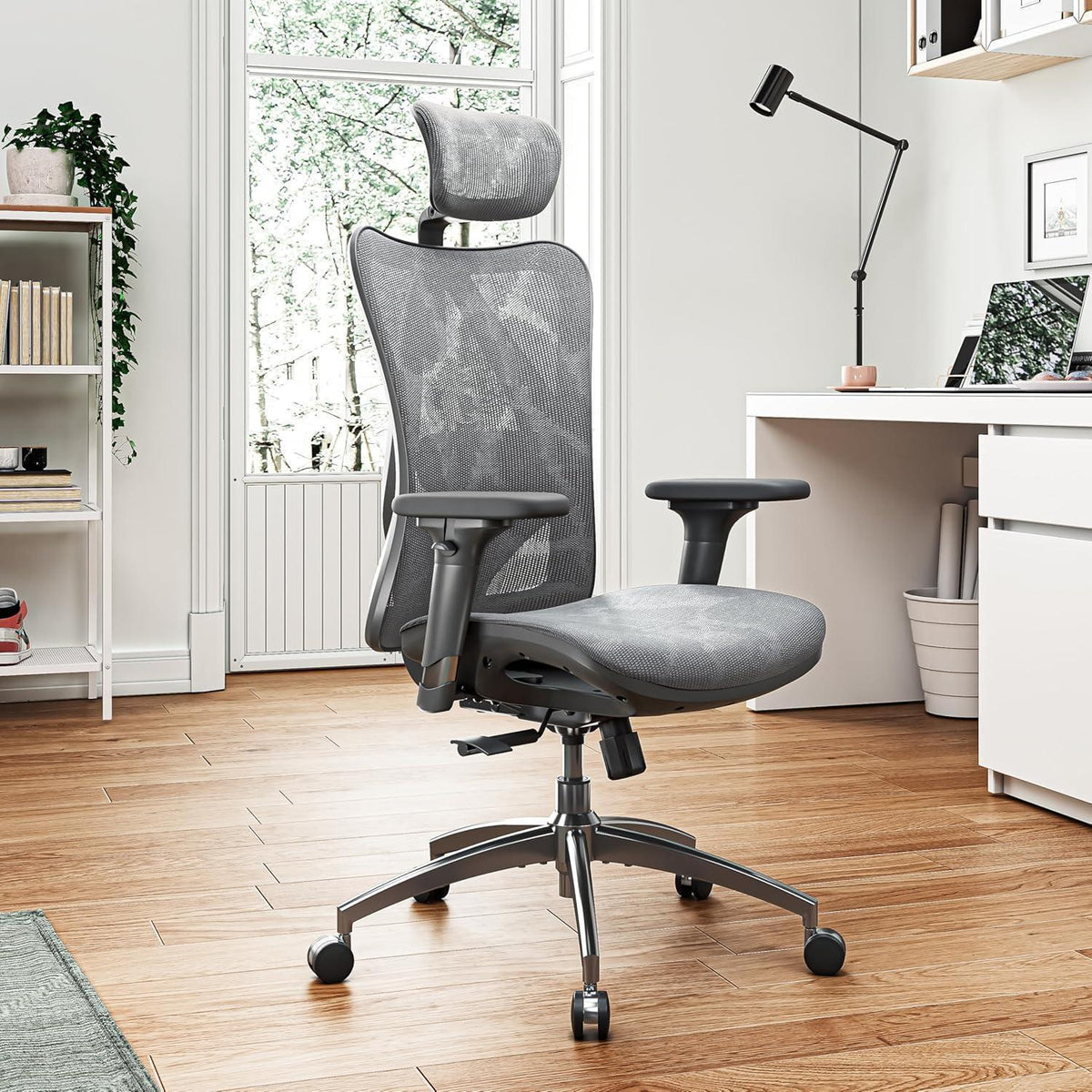 Ergonomischer Bürostuhl mit 3D-Armlehnen und Lendenstütze (Grau)
