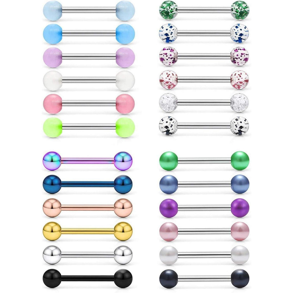 Zungenpiercing Set 24 Stück 14G Chirurgenstahl mit Kugeln 12-18mm