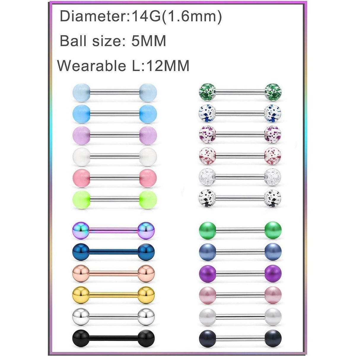 Zungenpiercing Set 24 Stück 14G Chirurgenstahl mit Kugeln