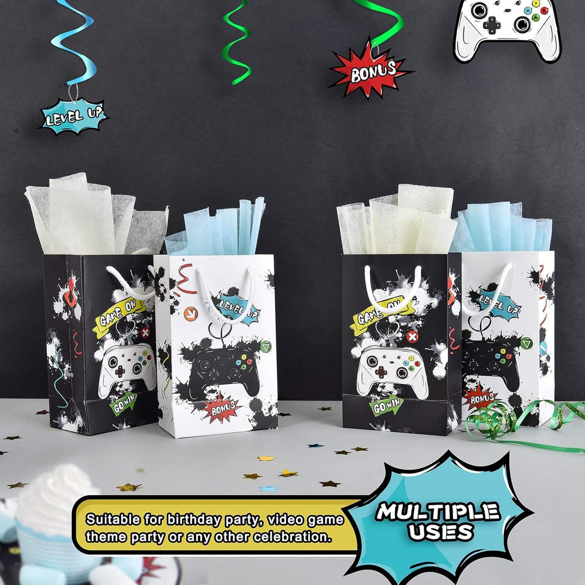 Videospiel Partytüten für Kinder - 16 Stück Papiertüten Schwarz