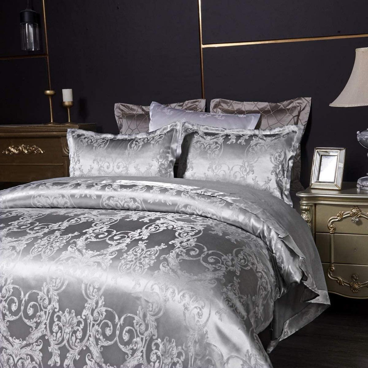 Satin Bettwäsche Set 135x200 Grau Blumen Jacquard Luxus