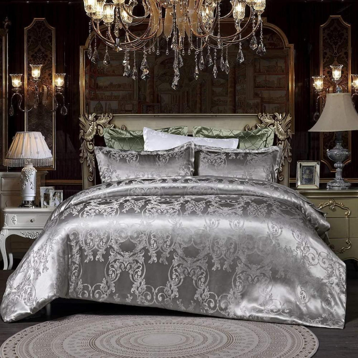 Silberne Bettwäsche 135x200 cm, 2-teilig, Grau, Satin & Jacquard