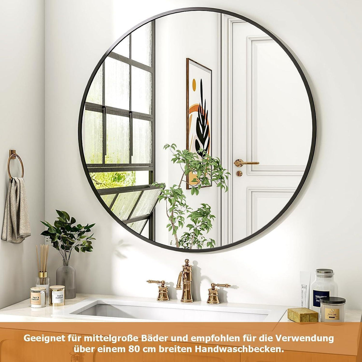 Runder Wandspiegel 91cm, Schwarz – Moderner Metallrahmen Spiegel