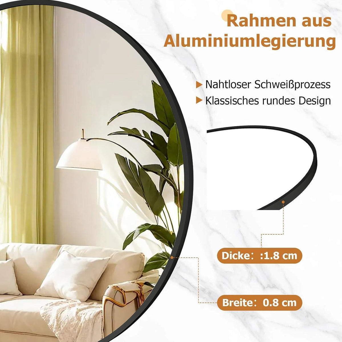 Runder Wandspiegel 91cm, Schwarz – Moderner Metallrahmen Spiegel