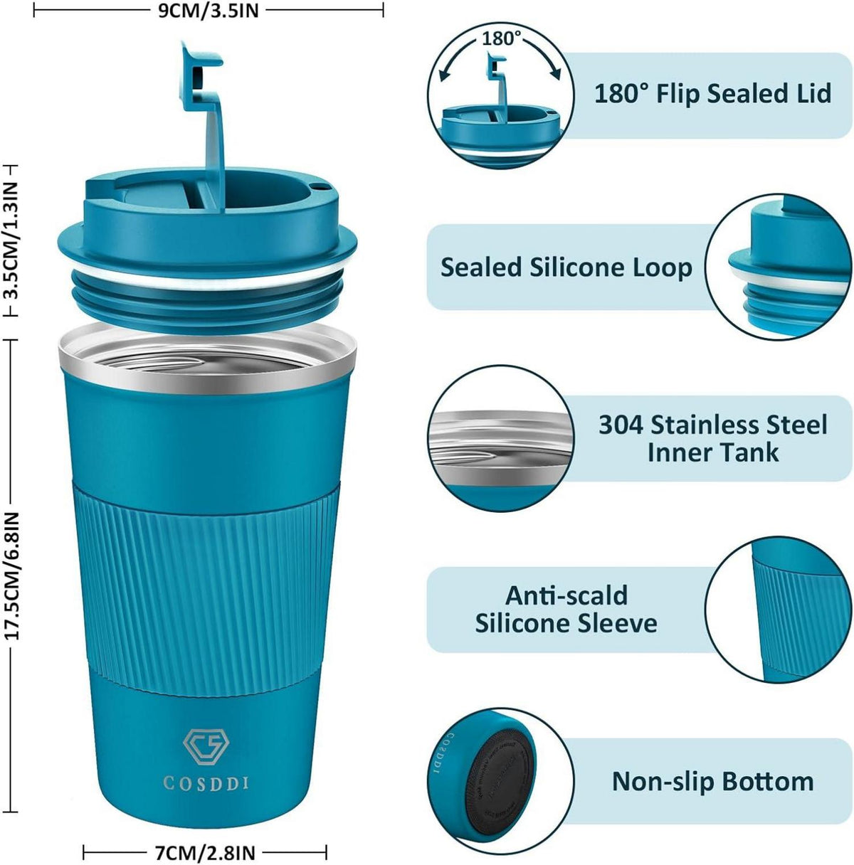 CS COSDDI Thermobecher Edelstahl Travel Mug 18oz/510ml Vakuum isoliert auslaufsicher Blue