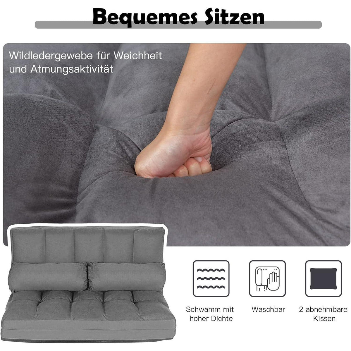 2-Sitzer Bodensofa mit Schlaffunktion & 6-stufiger Verstellung (Grau)