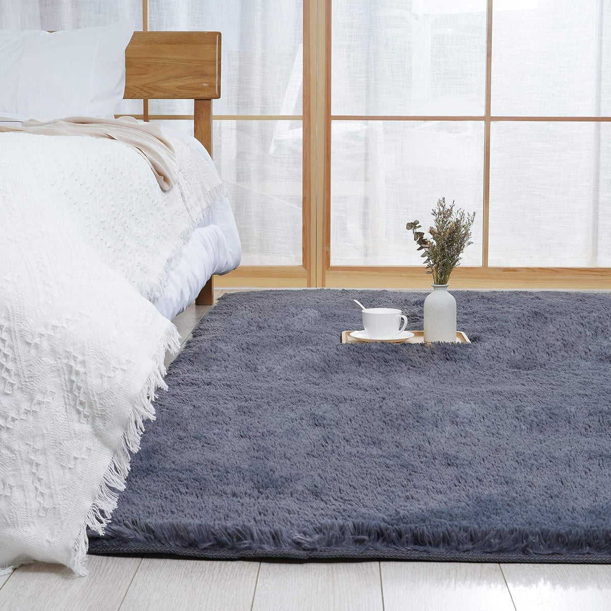 Flauschiger Wohnzimmer Teppich Grau 150x240cm – Hochflor Shaggy Teppich