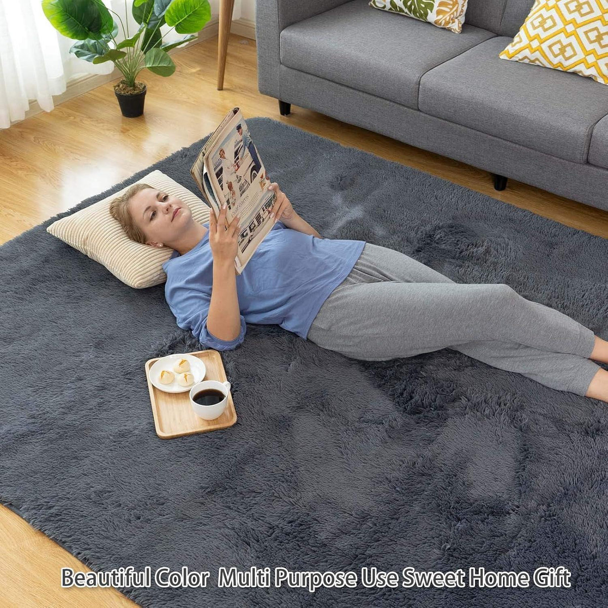 Flauschiger Wohnzimmer Teppich Grau 150x240cm – Hochflor Shaggy Teppich