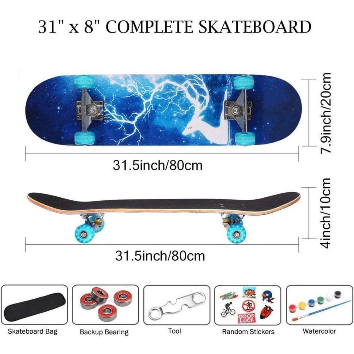 Komplettes Kinder-Skateboard mit Blitzrad – 80x20cm