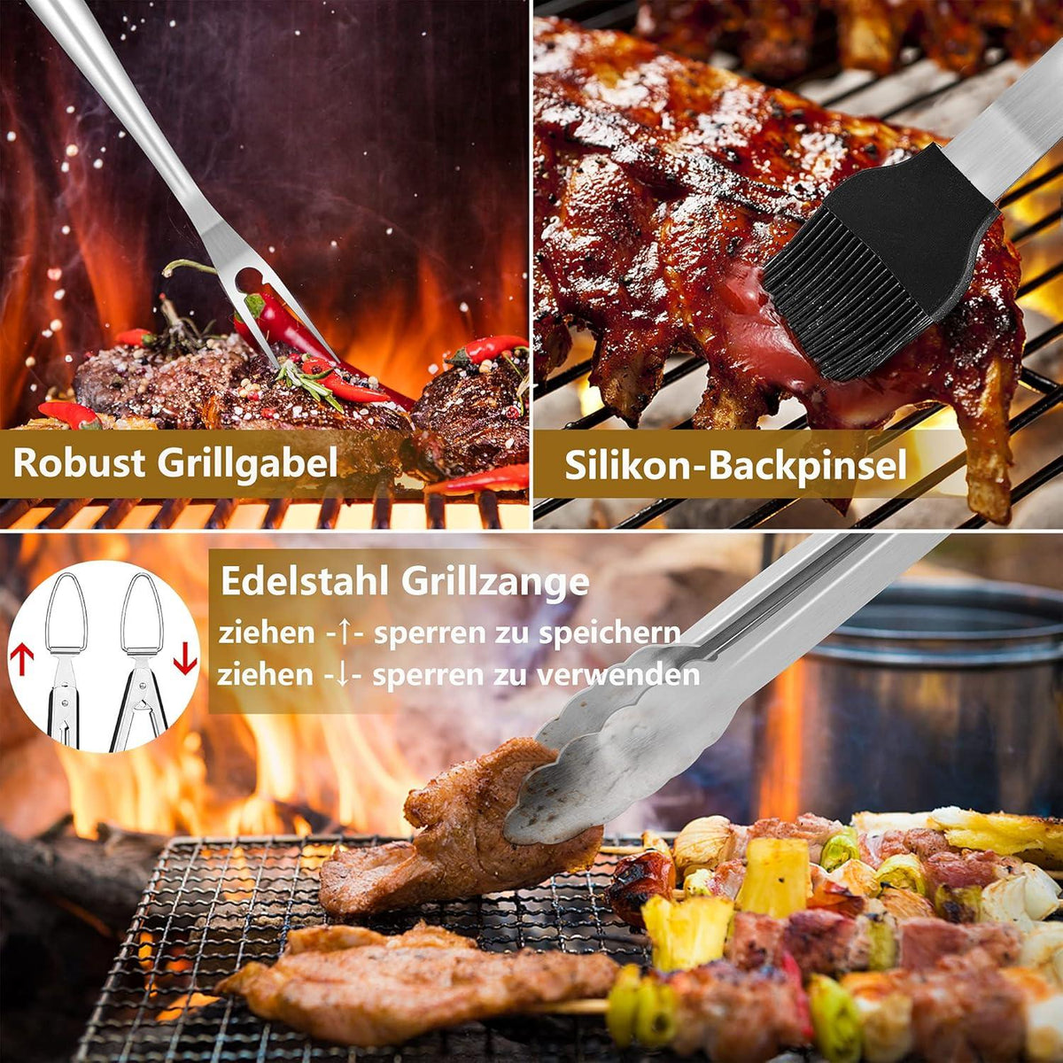 Herogo Grillbesteck Set 6-teilig für Männer - Edelstahl BBQ Zubehör mit Tasche