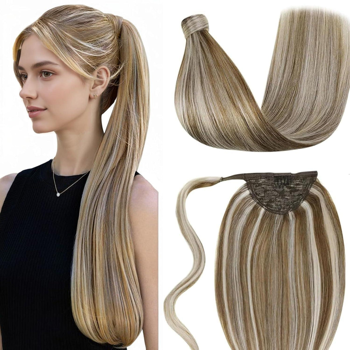 Echthaar Zopfverlängerung Braun mit Highlights 40cm