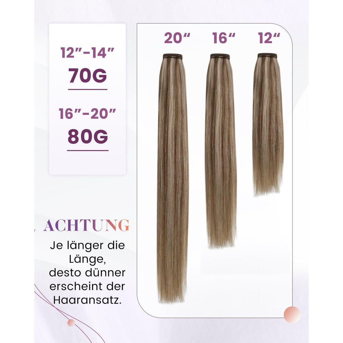 Echthaar Zopfverlängerung Braun mit Highlights 40cm