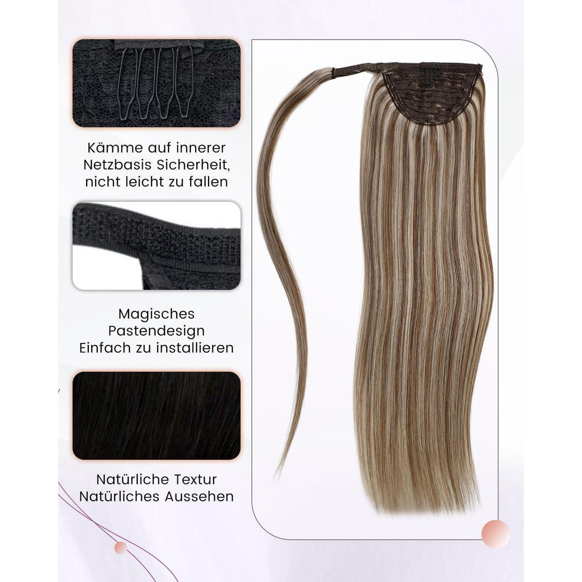 Echthaar Zopfverlängerung Braun mit Highlights 40cm
