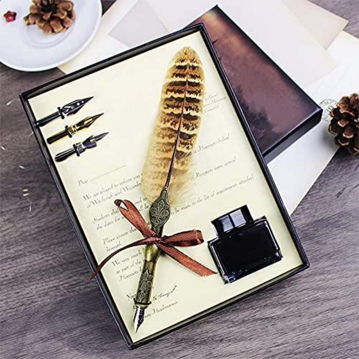 Kalligraphie Federstift Set mit Tinte & 3 Federn – Vintage Geschenk