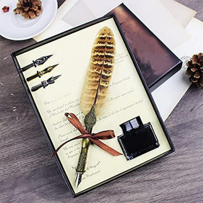 Kalligraphie Federstift Set mit Tinte & 3 Federn – Vintage Geschenk
