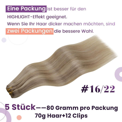 Echthaar Clip-Ins Blond Highlights 45cm - Remy Haarverlängerung