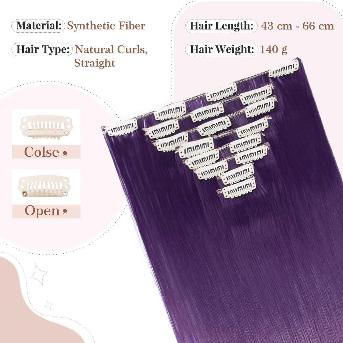 Dunkellila Clip-in Haarverlängerung – 66cm, 140g, 8 Tressen