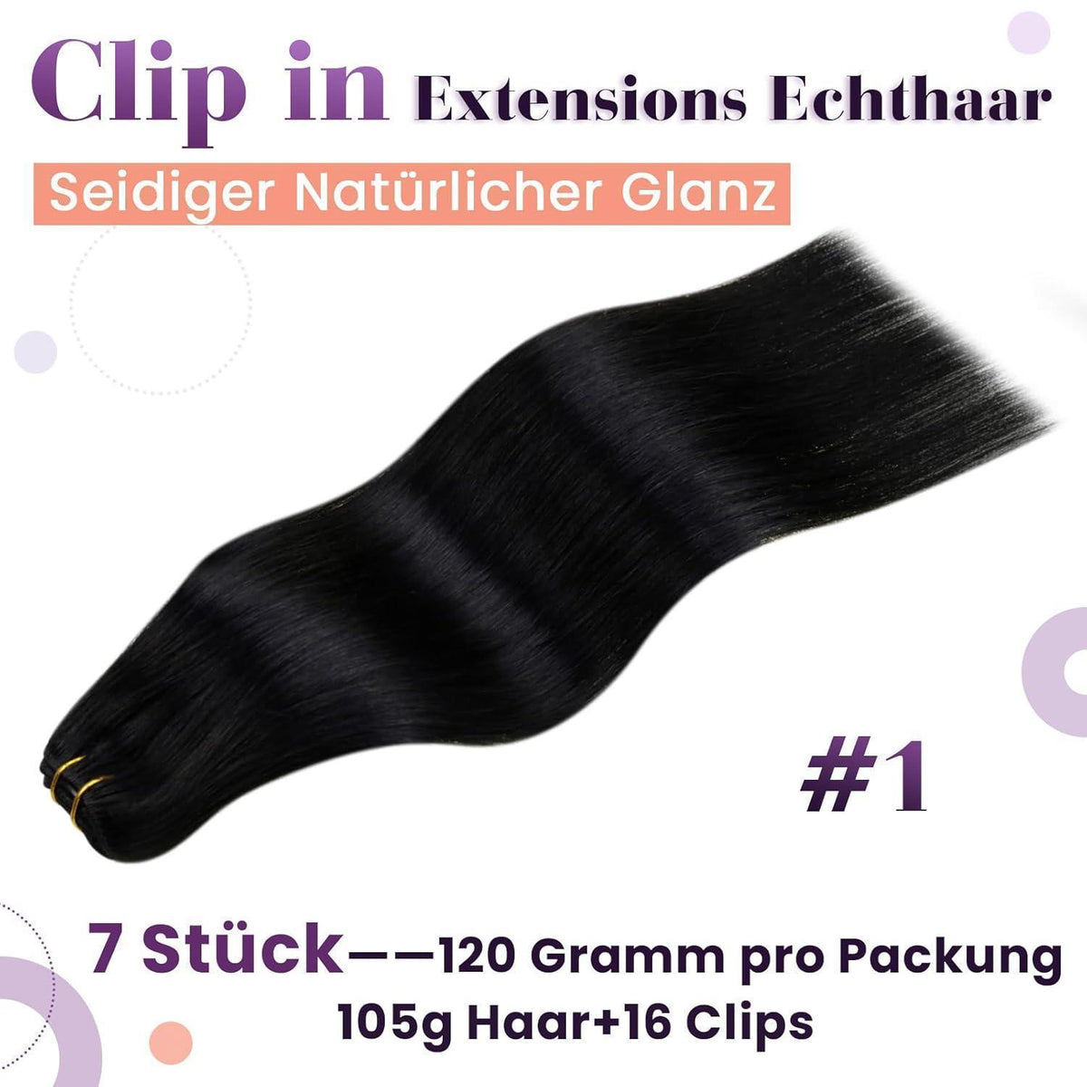 Echthaar Clip-In Extensions Schwarz 55cm - 7er Set