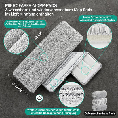 Flachmopp und Eimer Set mit Auswringfunktion, 3 Mikrofaser-Pads