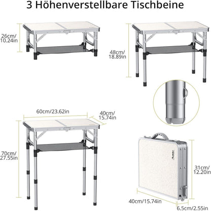 Campingtisch klappbar 60x40cm, 3 Höhen, mit Aufbewahrungsnetz, Weiß