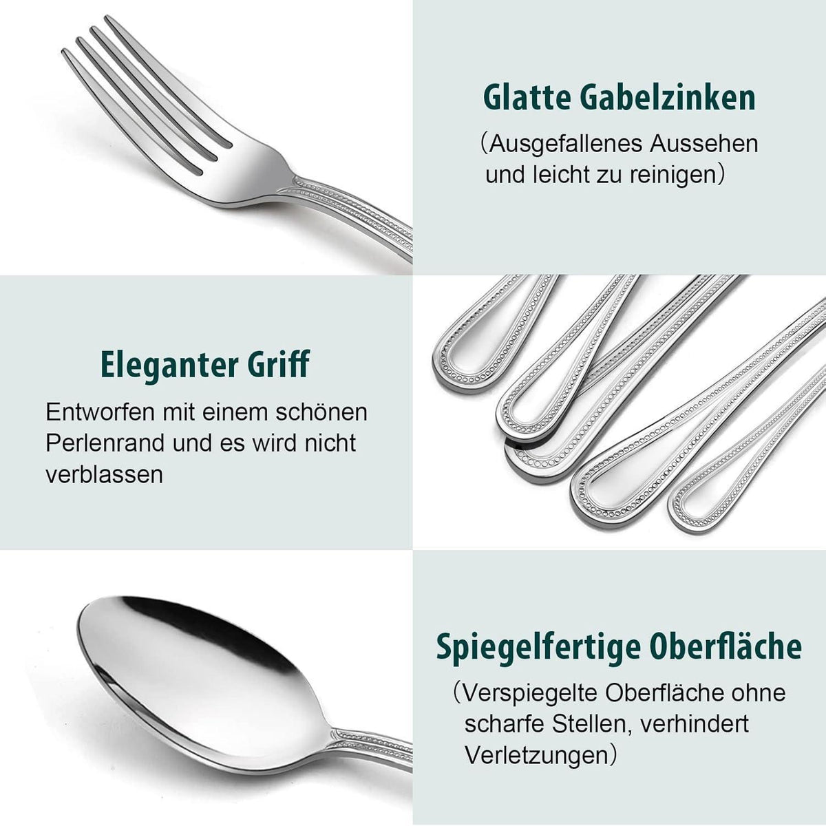 Besteckset 30-teilig für 6 Personen, Edelstahl poliert, Perlenrand