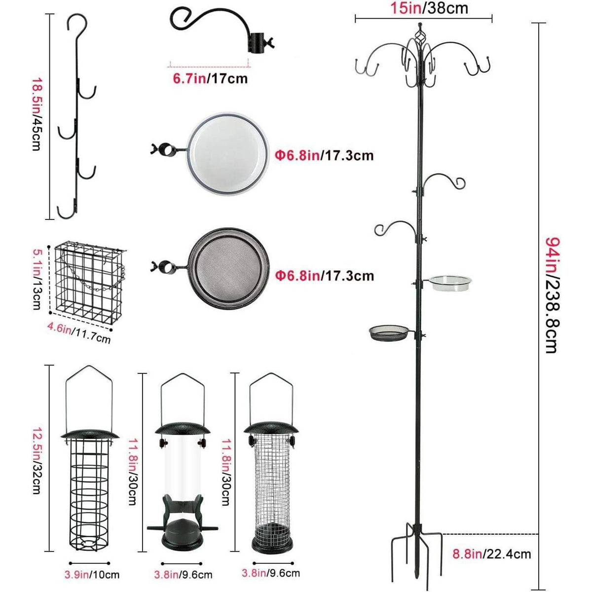 Deluxe Vogelfutterstation 225cm mit 6 Haken & Vogeltränke