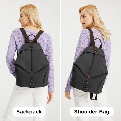 Canvas Rucksack Damen Vintage Daypack mit vielen Fächern, Schwarz