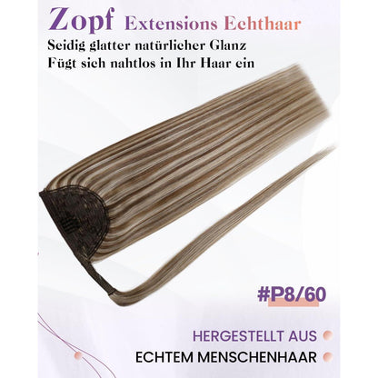 Echthaar Pferdeschwanz Extension Braun Highlights 35cm