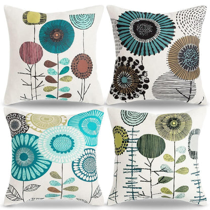 4er Set Kissenbezüge 45x45 blau abstrakt Blumen Vintage Leinen