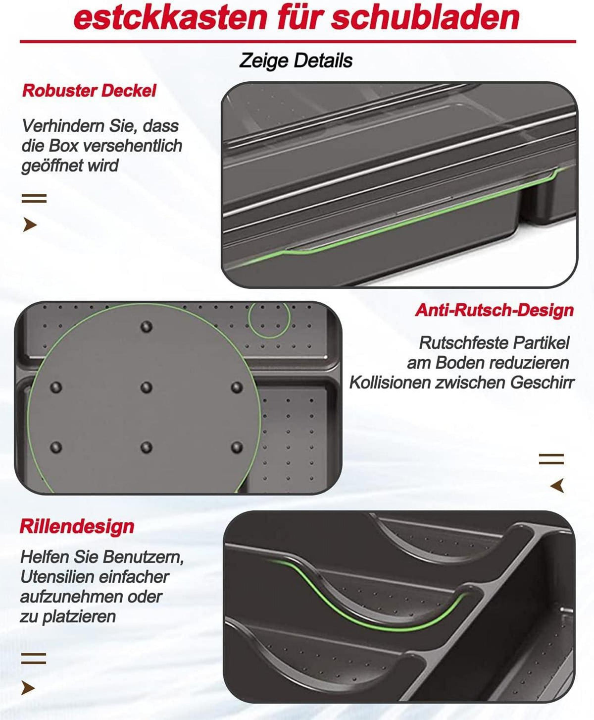 HIMAugbo Besteckbox mit Deckel für Camping & Reisen, 5 Fächer, Schwarz