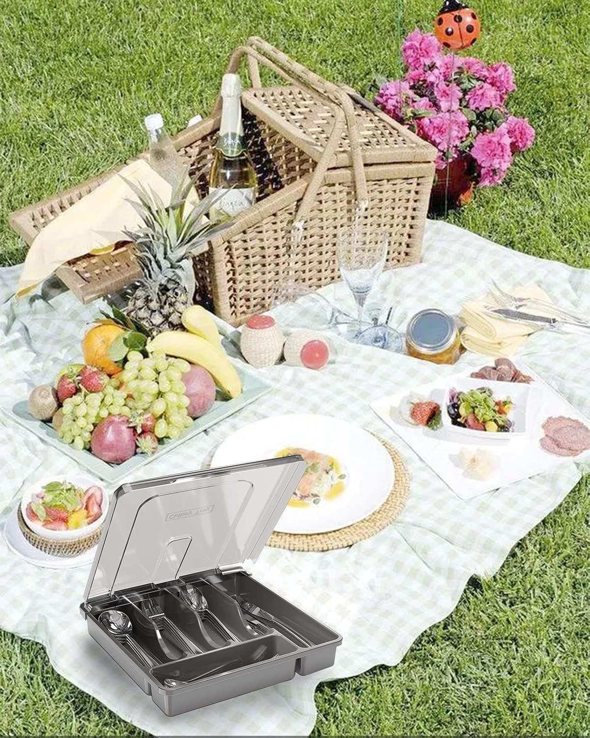 HIMAugbo Besteckbox mit Deckel für Camping & Reisen, 5 Fächer, Schwarz