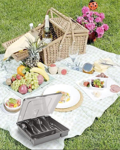 HIMAugbo Besteckbox mit Deckel für Camping & Reisen, 5 Fächer, Schwarz