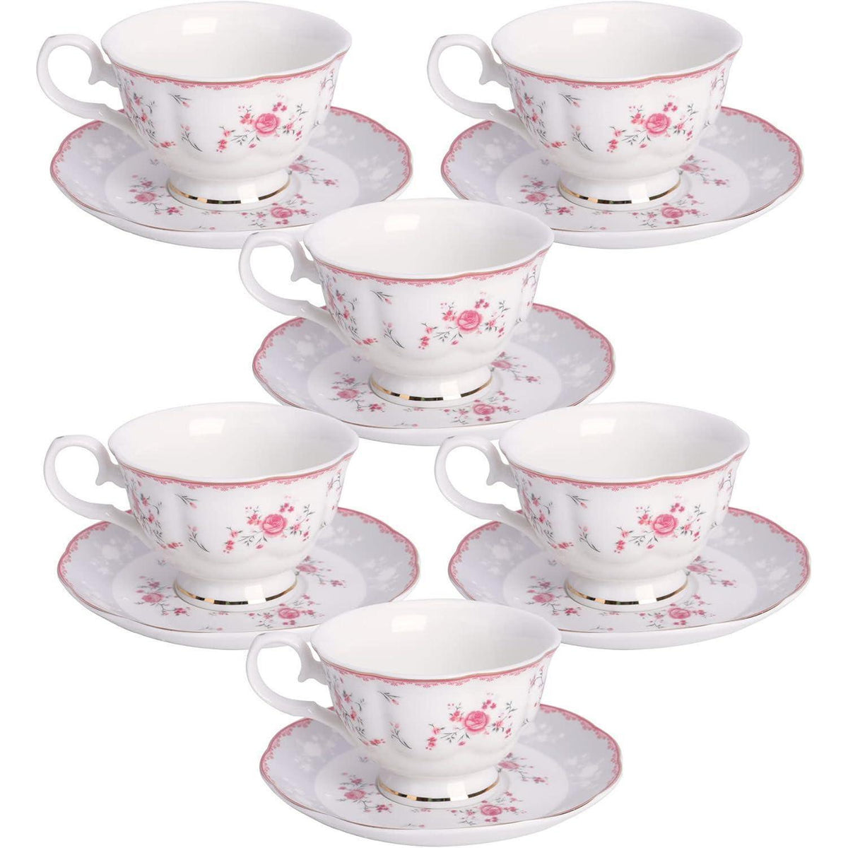 Tassen- & Untertassenset Rosa Rose Vintage Porzellan 6er Set 150ml
