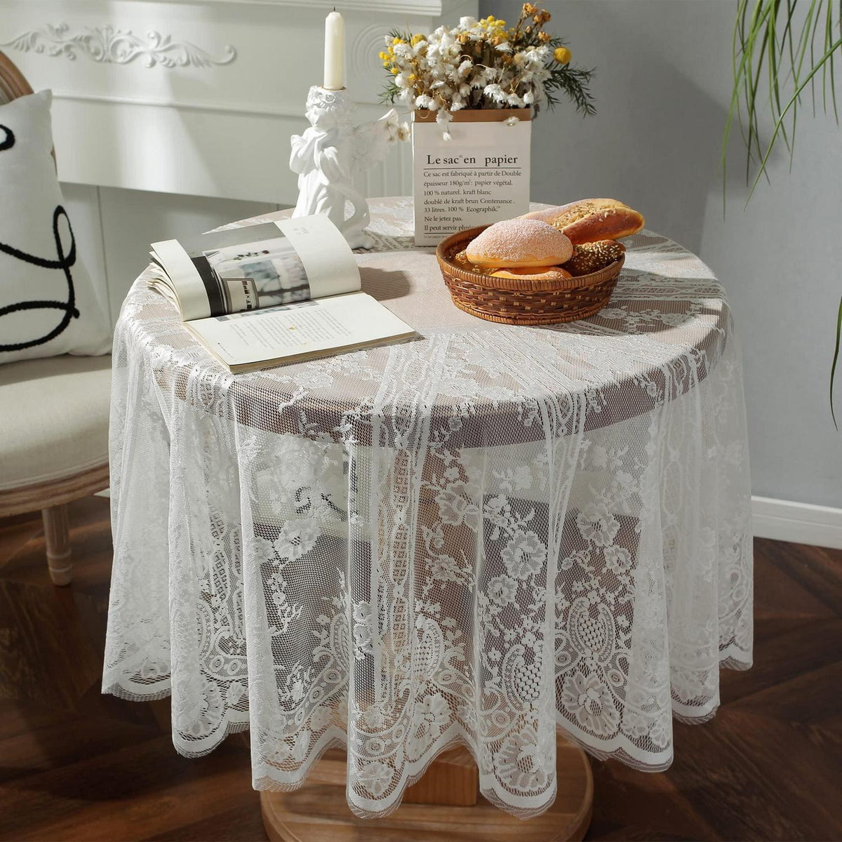 Weiße Spitze Tischdecke Bestickt Rund 190cm Hochzeit Party Dekoration