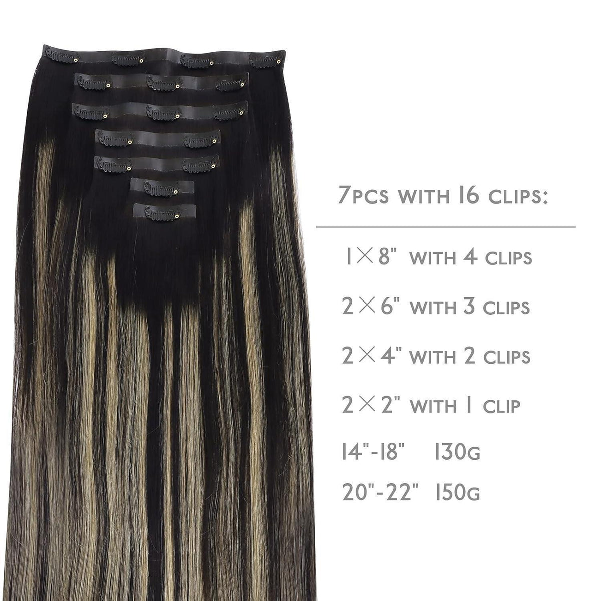 Echthaar Clip-In Extensions Balayage Schwarz-Blond 35cm