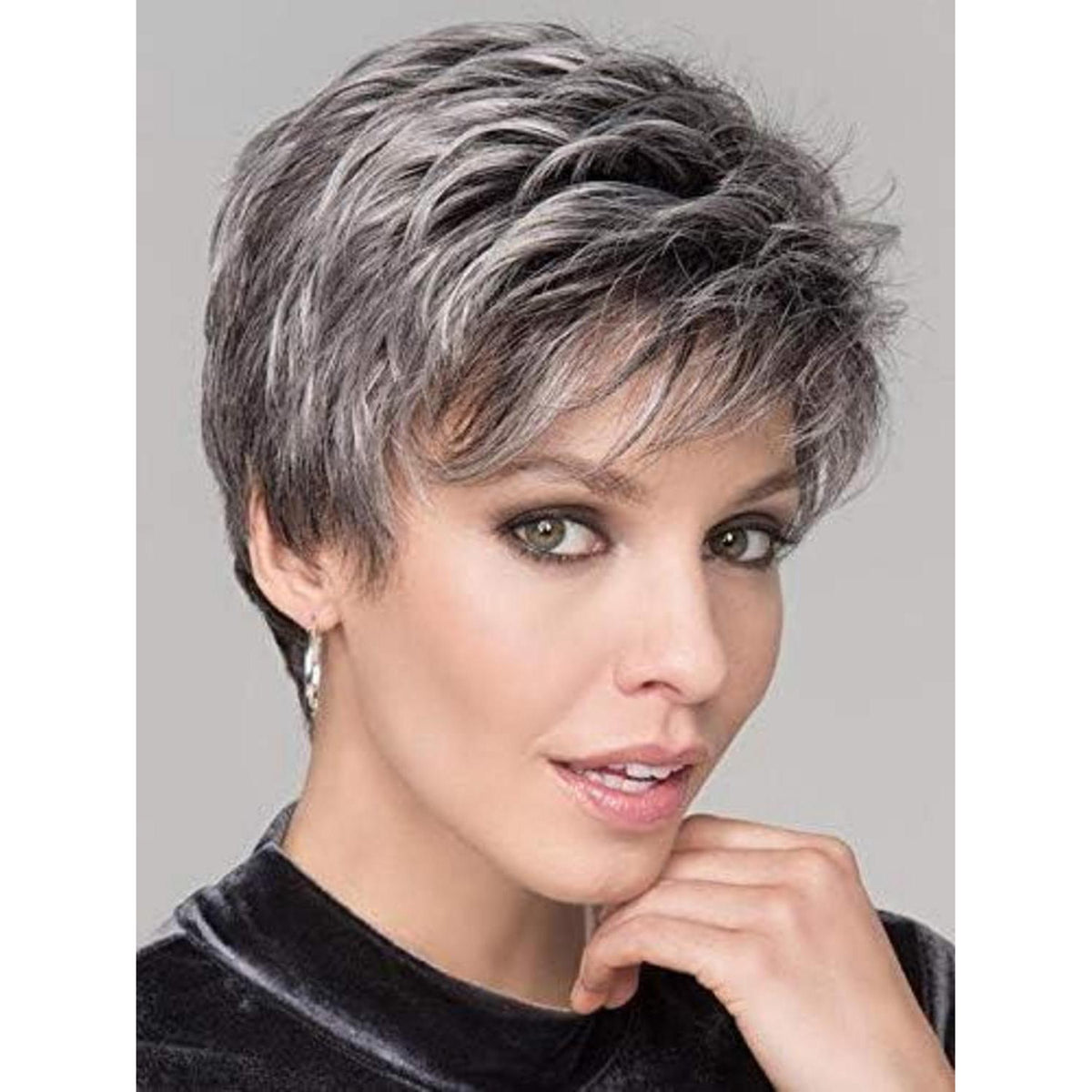 Kurze, natürliche Perücke menschliches Haar – Grau-Weiß Mix
