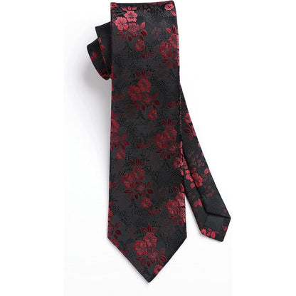 Krawatten-Set Seide mit Einstecktuch, floral, rot/schwarz