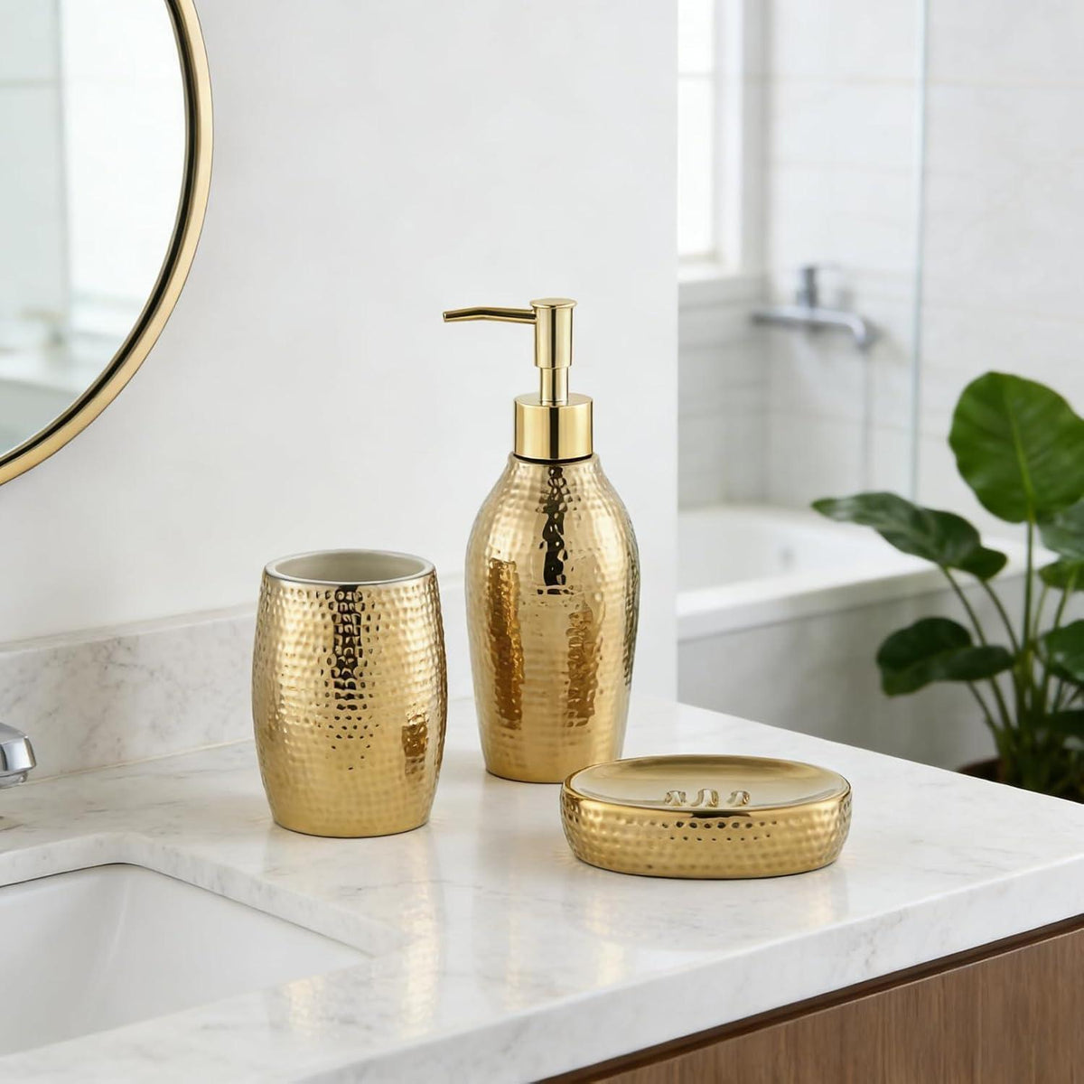 Goldfarbenes Seifenspender Set 3-tlg. – Keramik Badaccessoires