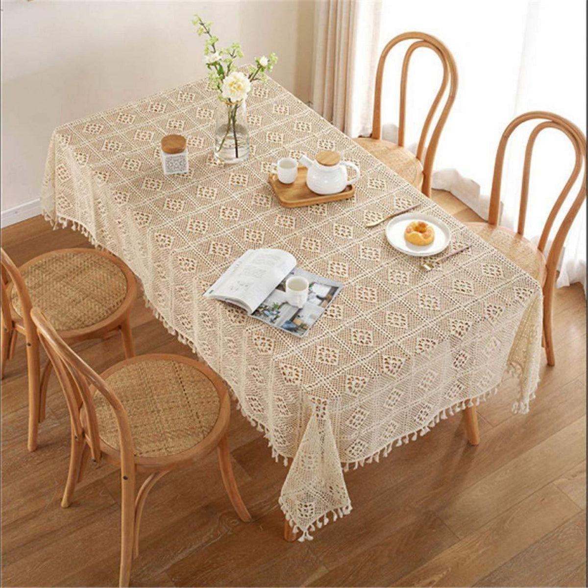 Gehäkelte Tischdecke Rechteckig Baumwolle Beige 140x220 cm