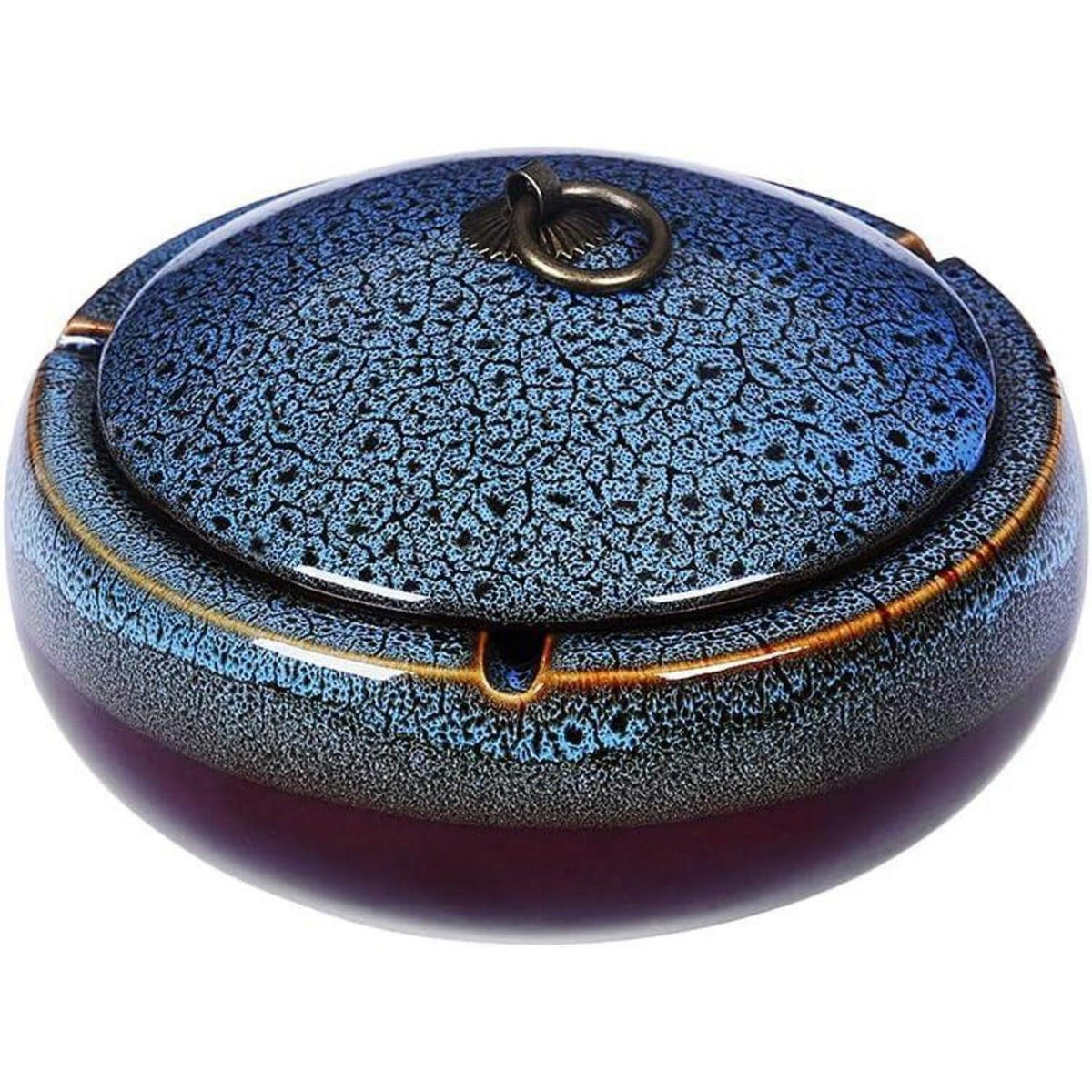Keramik Aschenbecher mit Deckel, winddicht, blau