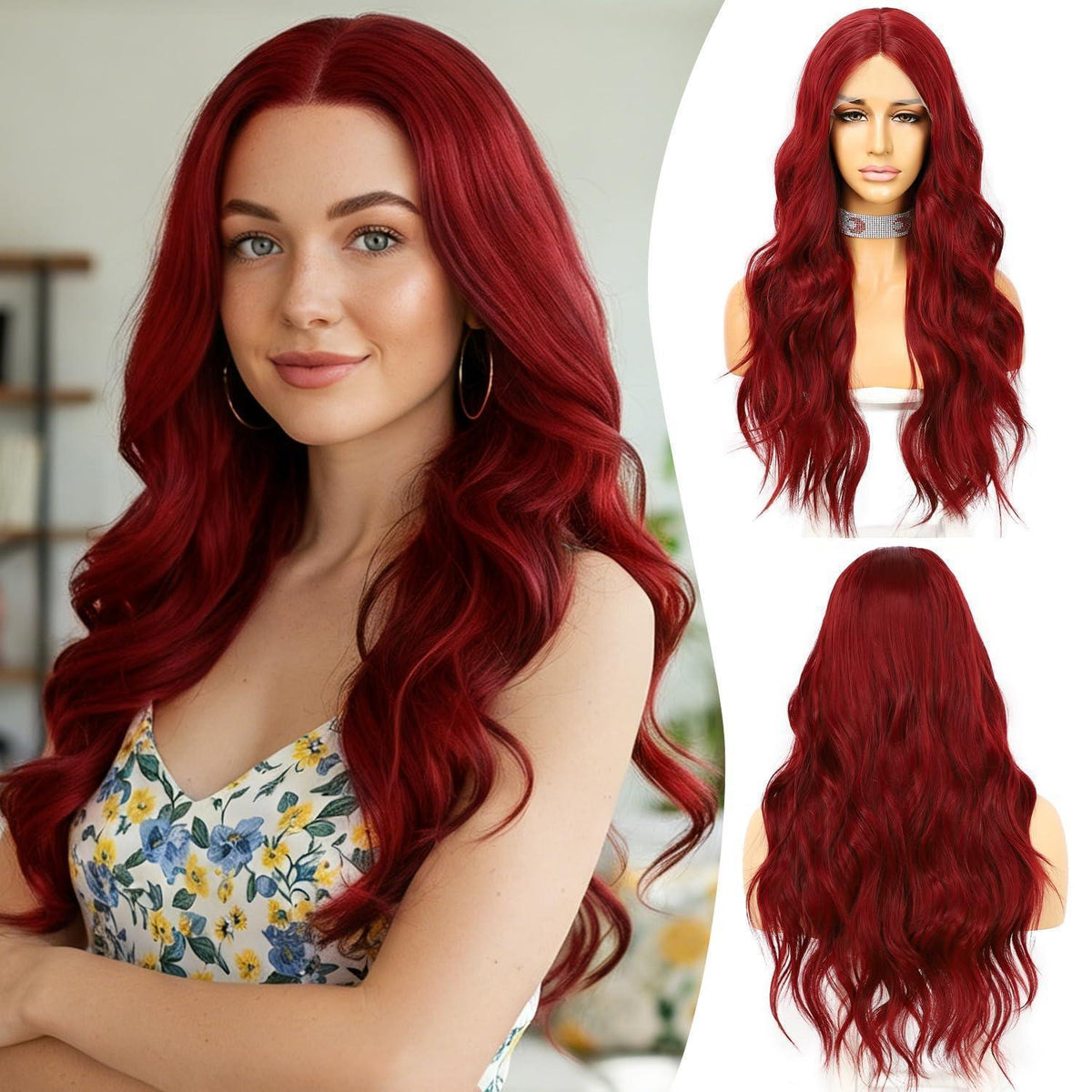 Rote Wellenperücke Lace Front Synthetisch 24 Zoll