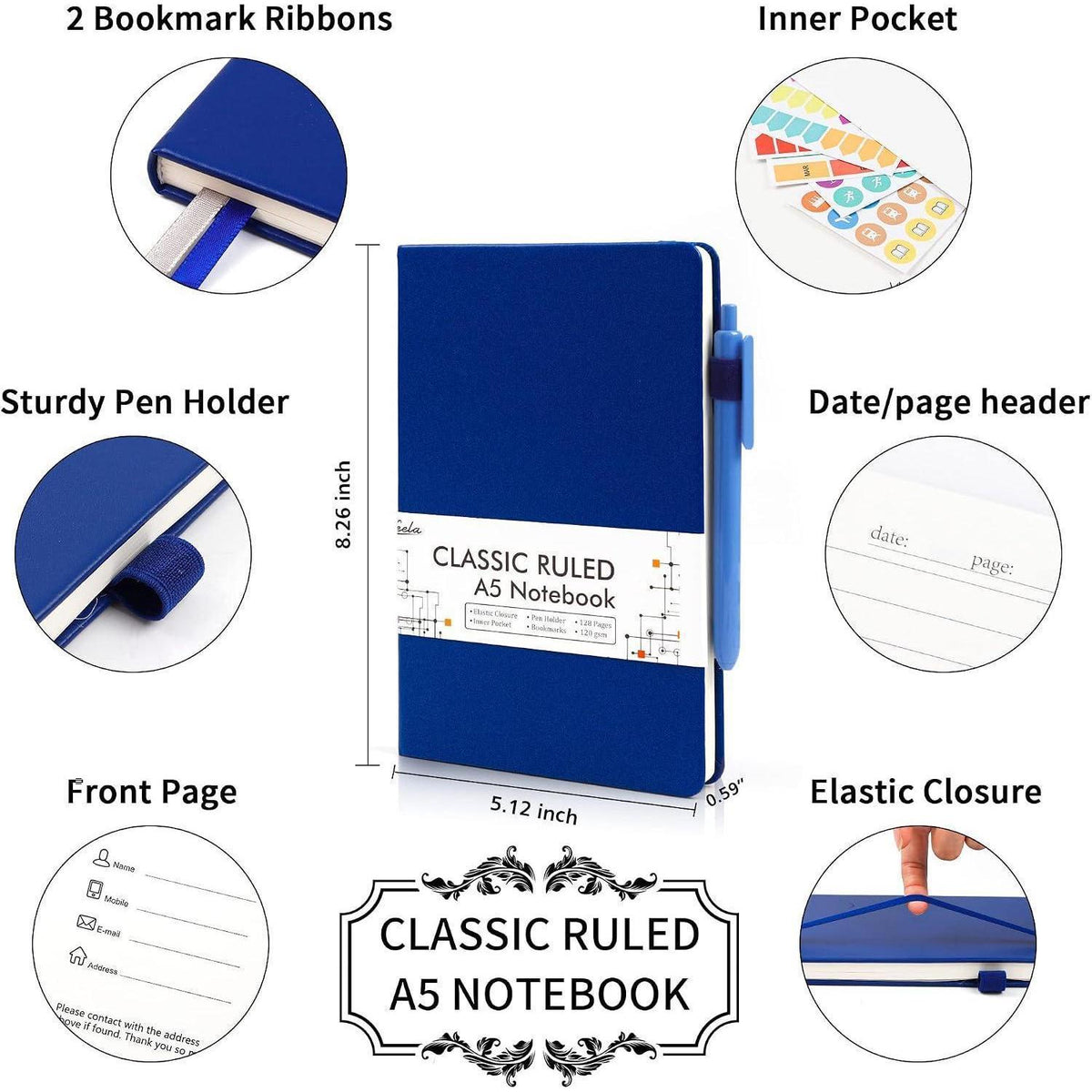 Liniertes Notizbuch-Set mit Stiften – A5 Tagebuch Marineblau