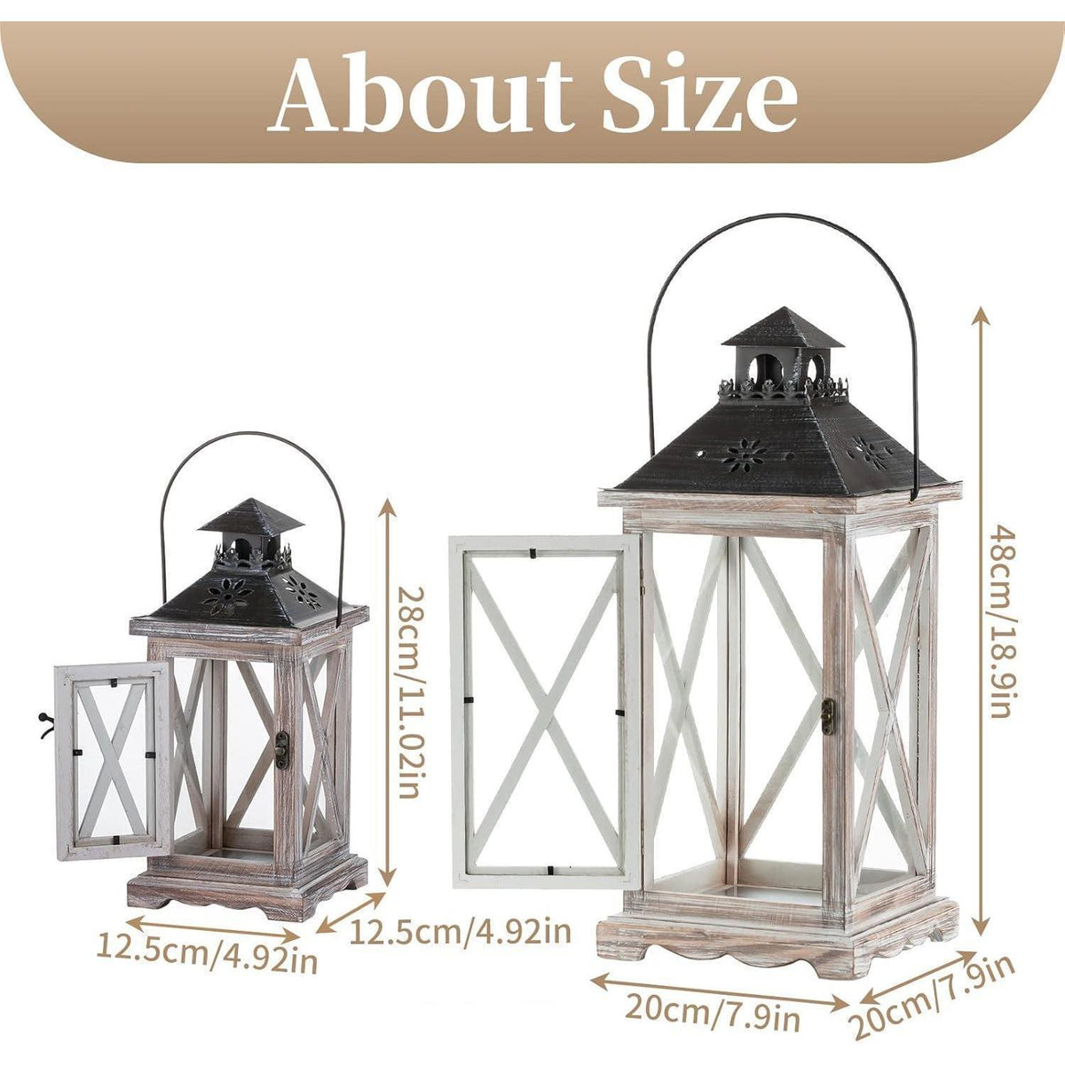 Holz Metall Laterne 48cm Rustikal Bauernhaus Windlicht Hängend Antik Beige