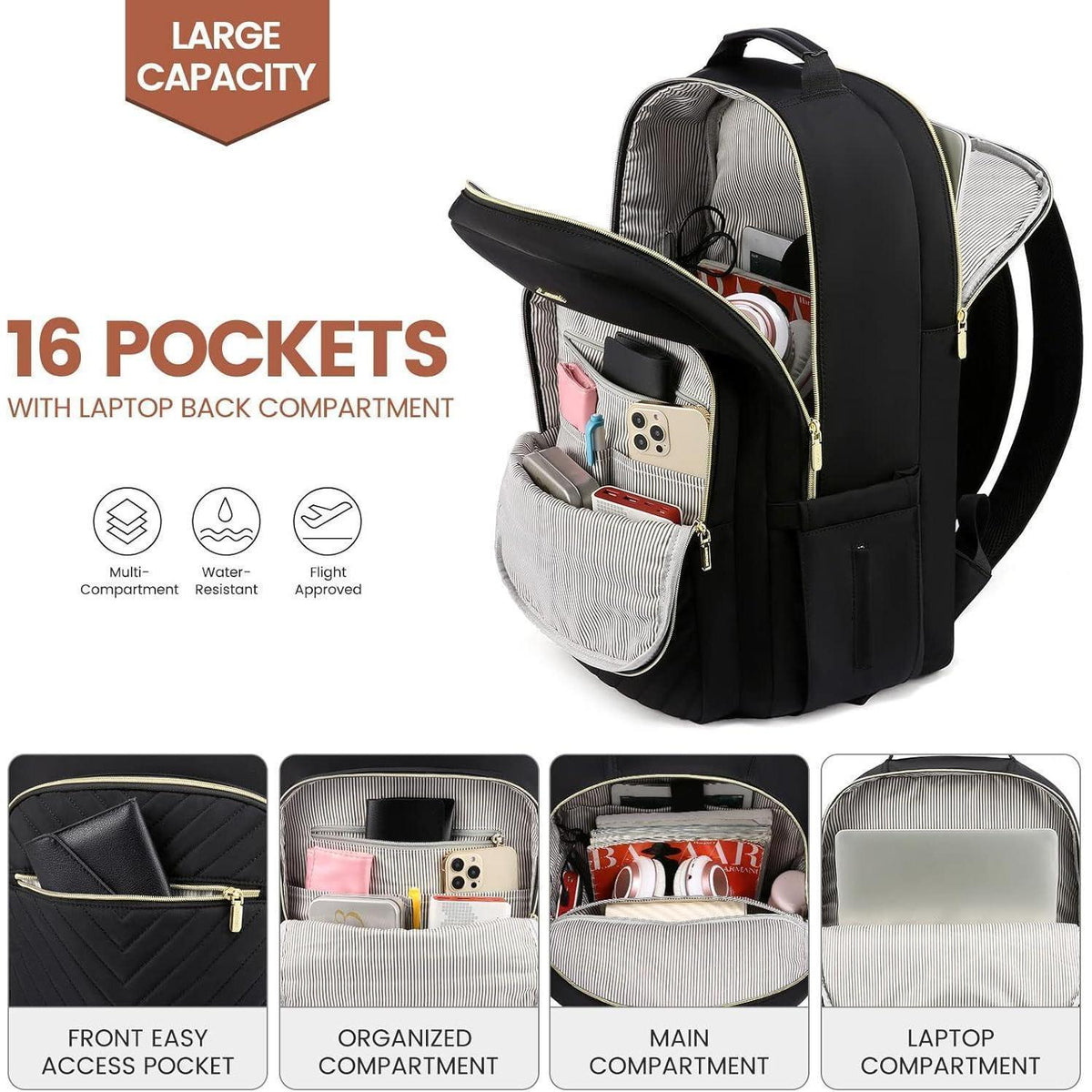 Laptop Rucksack Damen 17,3 Zoll wasserdicht mit Laptopfach A-schwarz