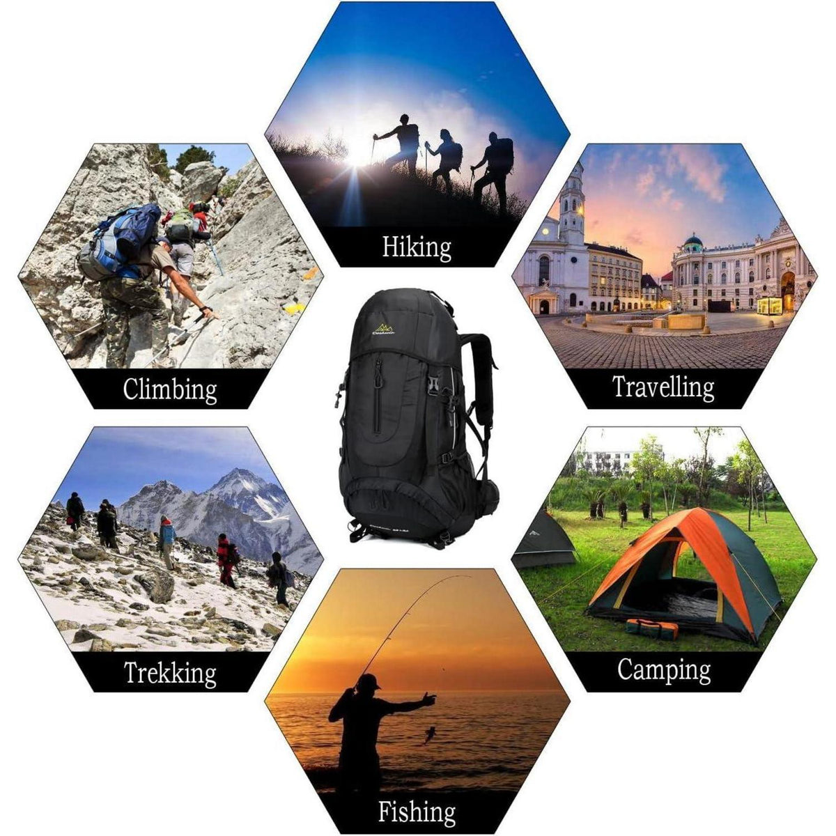70L Trekkingrucksack für Damen und Herren, Schwarz